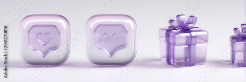 Three dimensional icons of speech bubbles and gift boxes in pastel purple and white.