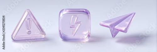 Three translucent purple glass icons - warning sign, lightning bolt, and paper airplane.