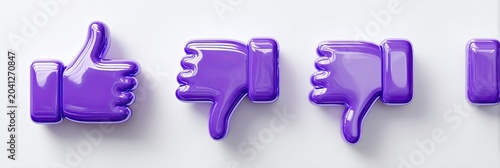 Row of purple thumbs up and thumbs down icons on a white background.