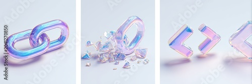Abstract iridescent glass shapes representing connection and technology.
