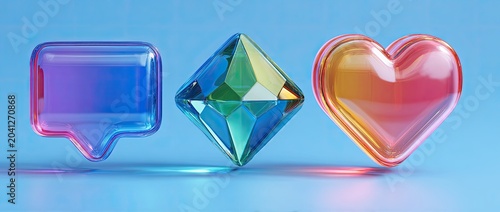 Three translucent 3D icons - speech bubble, diamond, and heart, on a blue background.