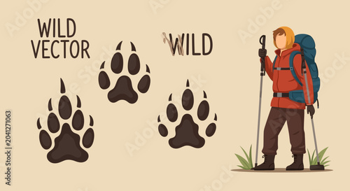 Quadro su tela Hiker and Wild Animal Paw Prints Vector Illustration