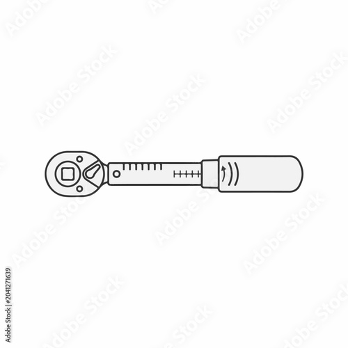Line art illustration of a torque wrench tool with a measurement scale and a square drive head isolated on a plain white background