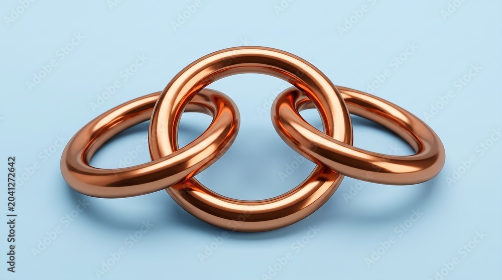 Naklejka premium Interlocking bronze metal rings on blue background 3d render