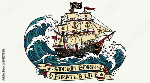 Quadro su tela Pirate Ship Sailing Through Stormy Seas with Jolly Roger Flag
