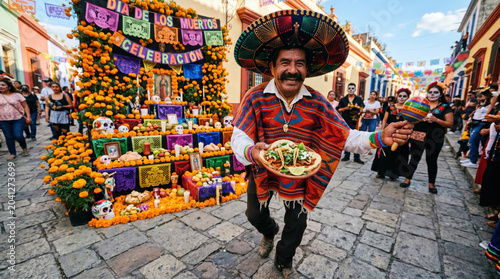 Joyful Mexican man in traditional sombrero dancing while holding a plate of authentic tacos at a vibrant fiesta