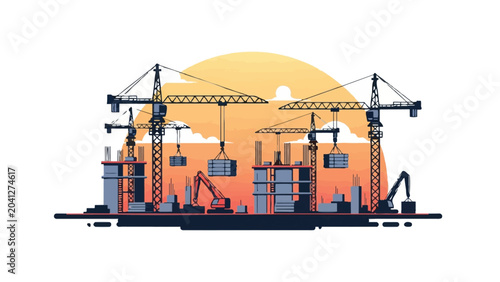 Construction Site Silhouette with Tower Cranes and Urban Building Development at Sunset. Modern Flat Vector Illustration for Industrial Projects and Real Estate.