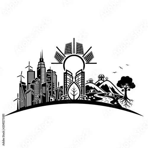 Eco Friendly Cityscape With Solar Panels.