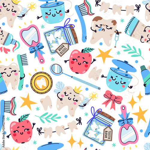 Dental care, daily oral hygiene. Hand drawn seamless vector pattern. Tooth fairy with a magic wand, bad tooth, cavities. Toothbrush, toothpaste, dental floss. Cartoon background for kids, print, web