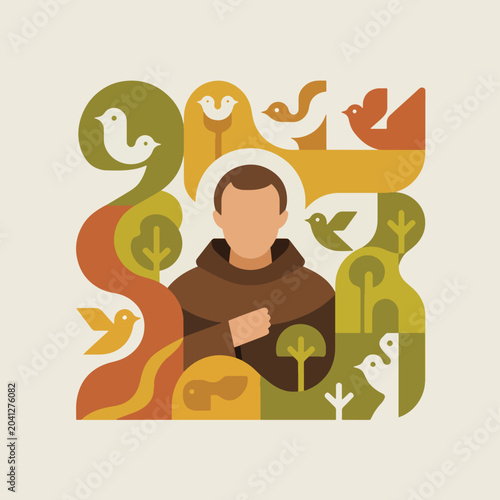 Billede på lærred Saint francis of Assisi with birds and trees in a flat, geometric, earthy color