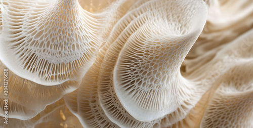 Intricate macro view of oyster mushroom gills showing complex organic patterns and delicate structures in shades of white and cream, botanical