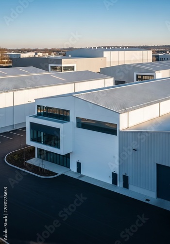 High angle view of contemporary industrial warehouses with minimalist architecture and negative space for typography and commercial layout, contemporary, structure, background