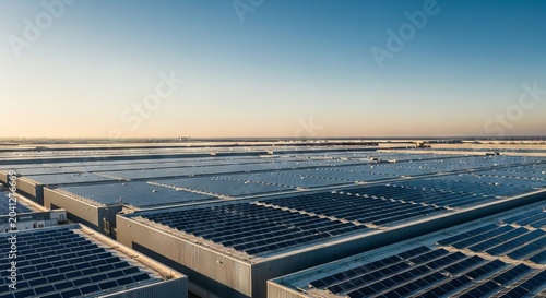 High angle view of modern industrial warehouse rooftops covered in vast solar panel arrays arranged in a precise geometric grid pattern, solar, cell, metal