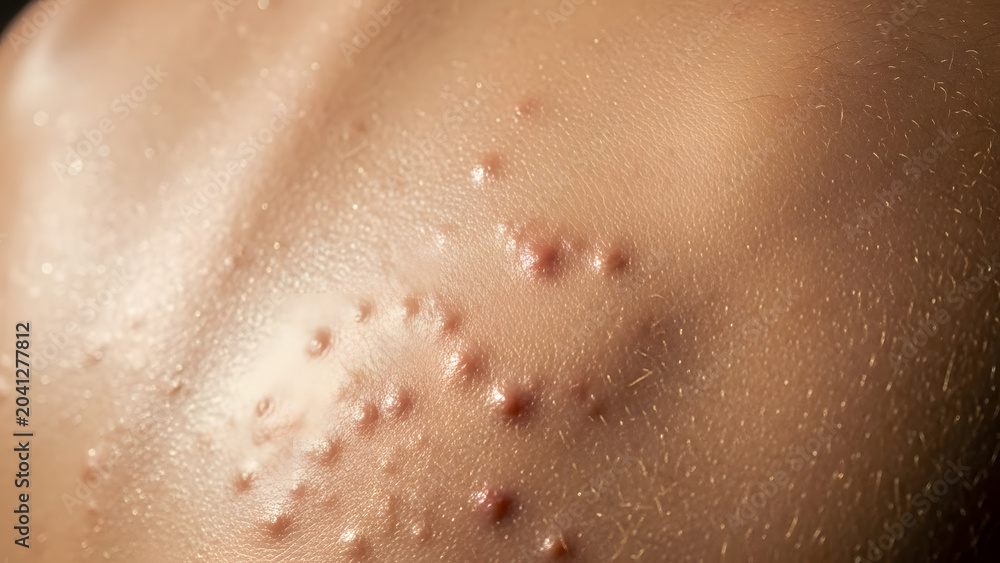 Fototapeta premium Close-up of skin with acne on shoulder in natural lighting 