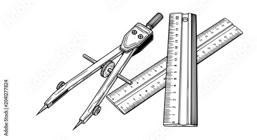 Canvastavla drawing compass and rulers on white background