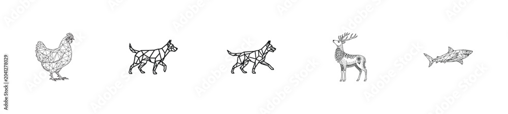 Fototapeta premium A collection of five distinct animal illustrations including a chicken, two dogs, a deer, and a shark.