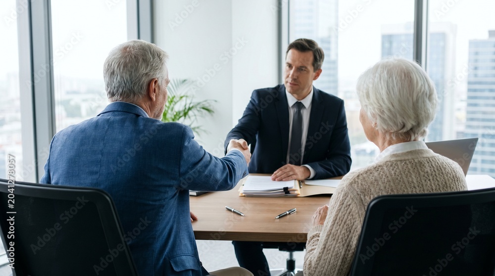 Fototapeta premium Senior couple shaking hands with financial advisor or lawyer in a modern corporate office, retirement planning, investment, and legal agreement concept