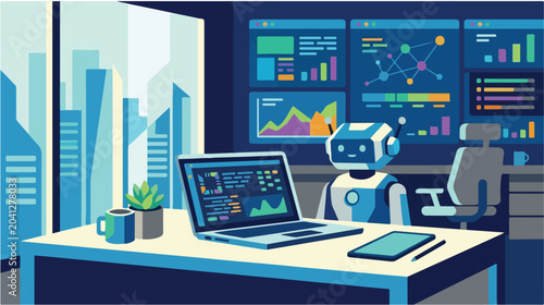 Modern Office with AI Robot Working on Laptop and Data Visualization