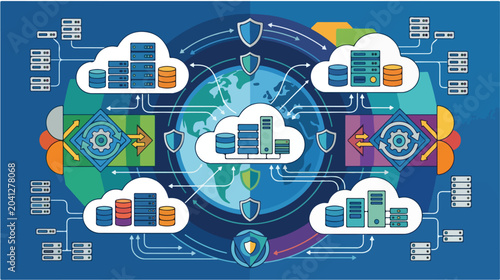 Concept of global cloud storage systems and secure database servers connection