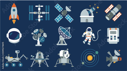 Space Exploration Icons Set Rockets, Astronauts, and Satellites