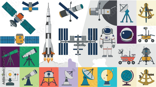 Comprehensive collection of flat design vector illustrations showcasing space exploration, advanced astronomy instruments, rockets, satellites, and scientific discovery elements