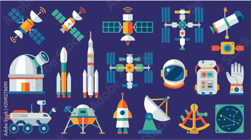 Comprehensive Collection of Space Exploration Technology and Astronomy Scientific Instruments Flat Design Illustration Set