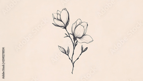 A delicate hand-drawn botanical of a magnolia flower branch with two blooming buds and small leaves, rendered in fine black ink lines