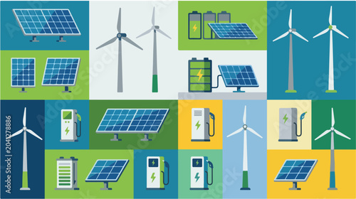 Illustrative grid showcasing sustainable energy devices, electric charging stations, solar panels, wind turbines, and battery storage for a green future