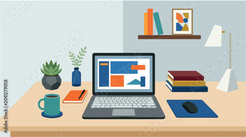 Modern Digital Workspace Illustration for Remote Work and Productivity, Featuring a Laptop and Organized Desk Essentials