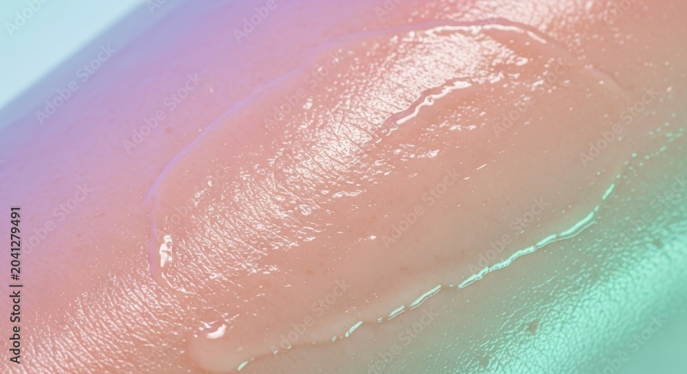 Fototapeta premium Detailed view of radiant, moisturized skin under soft pastel studio lighting. The dewy complexion glows with a healthy and natural shimmer, reflection, macro, serum