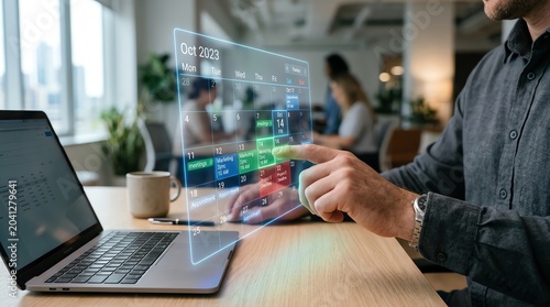 Man using holographic calendar interface projected from laptop, planning future events
