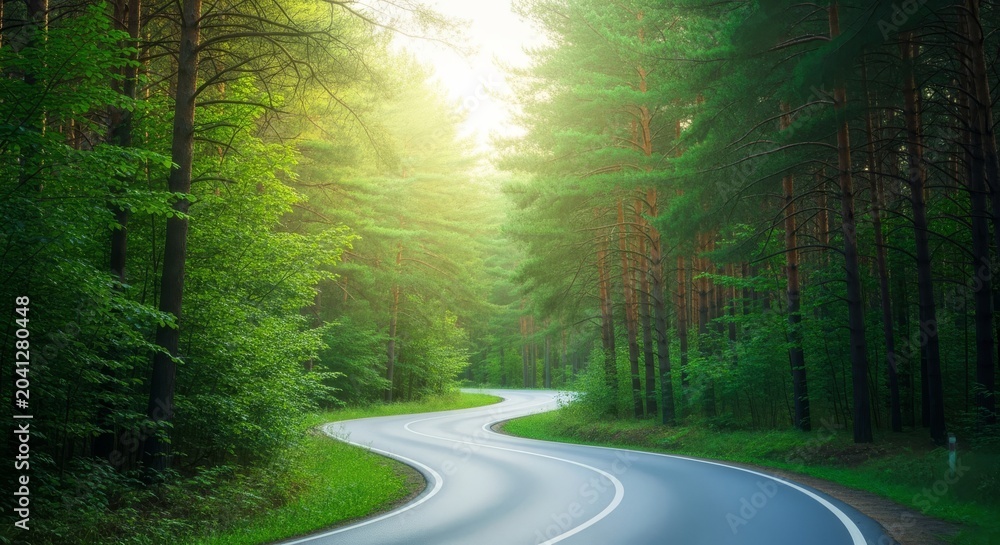 Fototapeta premium A winding paved road stretching into a dense green forest with tall pine trees and soft sunlight filtering through the lush canopy leaves, trip, misty, perspective