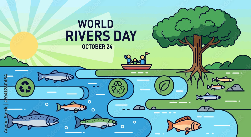 Naklejka premium World Rivers Day Concept Illustration with Fish and Nature
