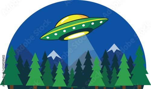 UFO Emitting Light Beam Over Pine Forest Landscape. Green flying saucer emits a beam of light over a dark pine forest area