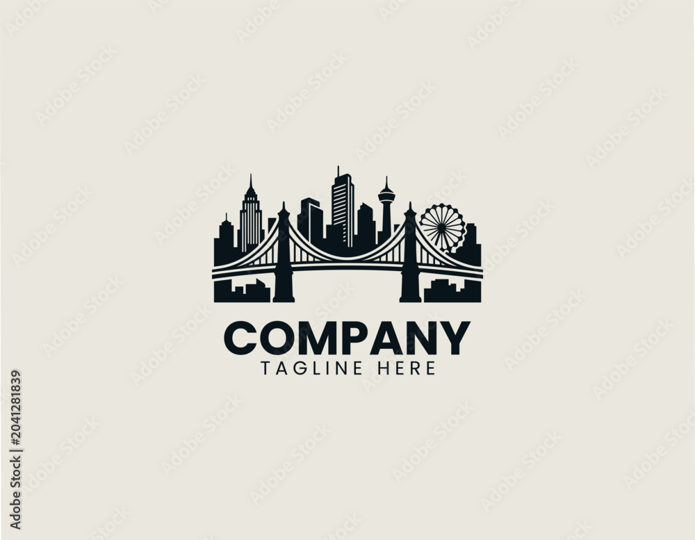 Obraz premium City Skyline Suspension Bridge Minimalist Black Vector Logo Urban Landmark Design
