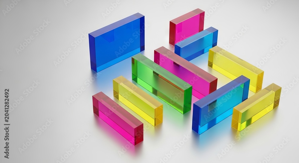 Fototapeta premium Modern acrylic rectangles scattered across a glossy pearl background with subtle reflections and a clean minimalist aesthetic composition, abstract, rectangles, blocks
