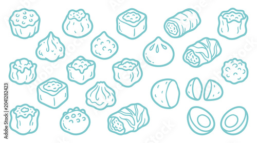 Foto Collection of hand-drawn dim sum and Asian food icons in a simple line art style