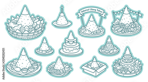 Photos Collection of Indonesian Nasi Tumpeng dishes in a cartoonish outline style, celebrating food and culture