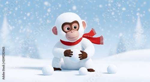 A cute, fluffy white monkey wearing a red scarf sits in the snow, playfully holding a snowball