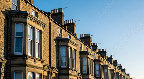 Row of traditional Victorian brick terraced houses with bay windows and chimney stacks against a clear blue sky in a British suburb
