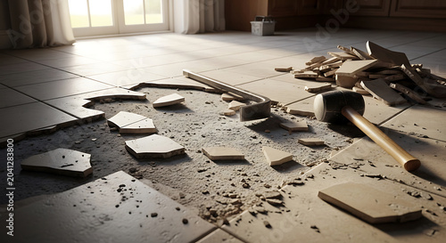 Professional residential floor tile removal and asbestos abatement showing broken ceramic pieces pry bar and mallet during a home renovation and demolition process