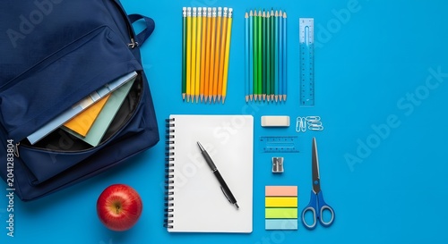 Blue Backpack with School Supplies and Notebook Arranged Neatly on a Solid Bright Blue Background for Education and Back to School Concepts