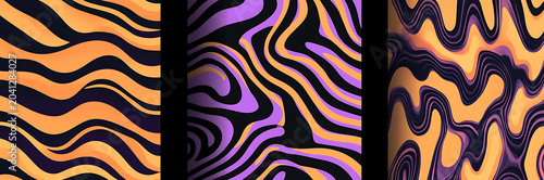 Three vertical panels displaying abstract liquid marble patterns with wavy lines in orange, purple, and black color combinations for background use