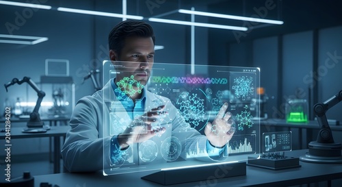 Dedicated Scientist Analyzing Intricate Biological Data on an Advanced Holographic Interface within a State-of-the-Art Research Laboratory Setting, Pushing Boundaries of Discovery