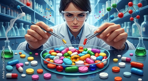 Female researcher conducting detailed analysis of various colored pills and capsules in a cutting-edge laboratory setting for pharmaceutical innovation