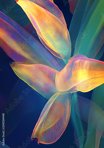 Abstract macro close-up of translucent, iridescent plant leaves with glowing yellow, orange, and teal colors, creating a soft, ethereal, and dreamlike