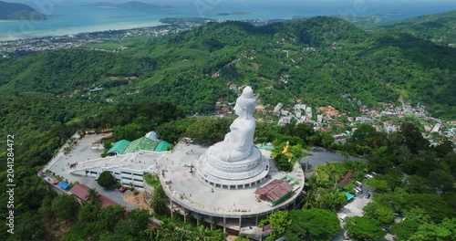 White Marble Big Buddha Statue Temple,Aerial View big buddha on top of mountains at Phuket Thailand