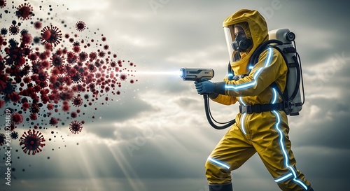 Scientist in protective suit combating a severe viral outbreak with advanced technology, symbolizing global defense against unseen biological threats and future pandemics
