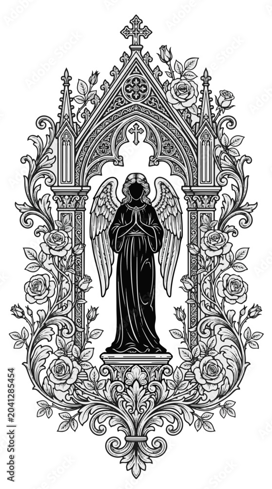 Fototapeta premium Gothic Arch Tattoo Design Featuring Praying Angel and Roses