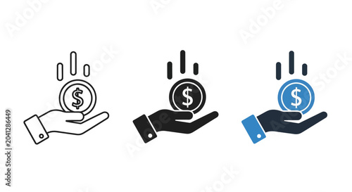 Tableau sur toile Hand holding a coin with falling coins icon, symbolizing financial growth, inves